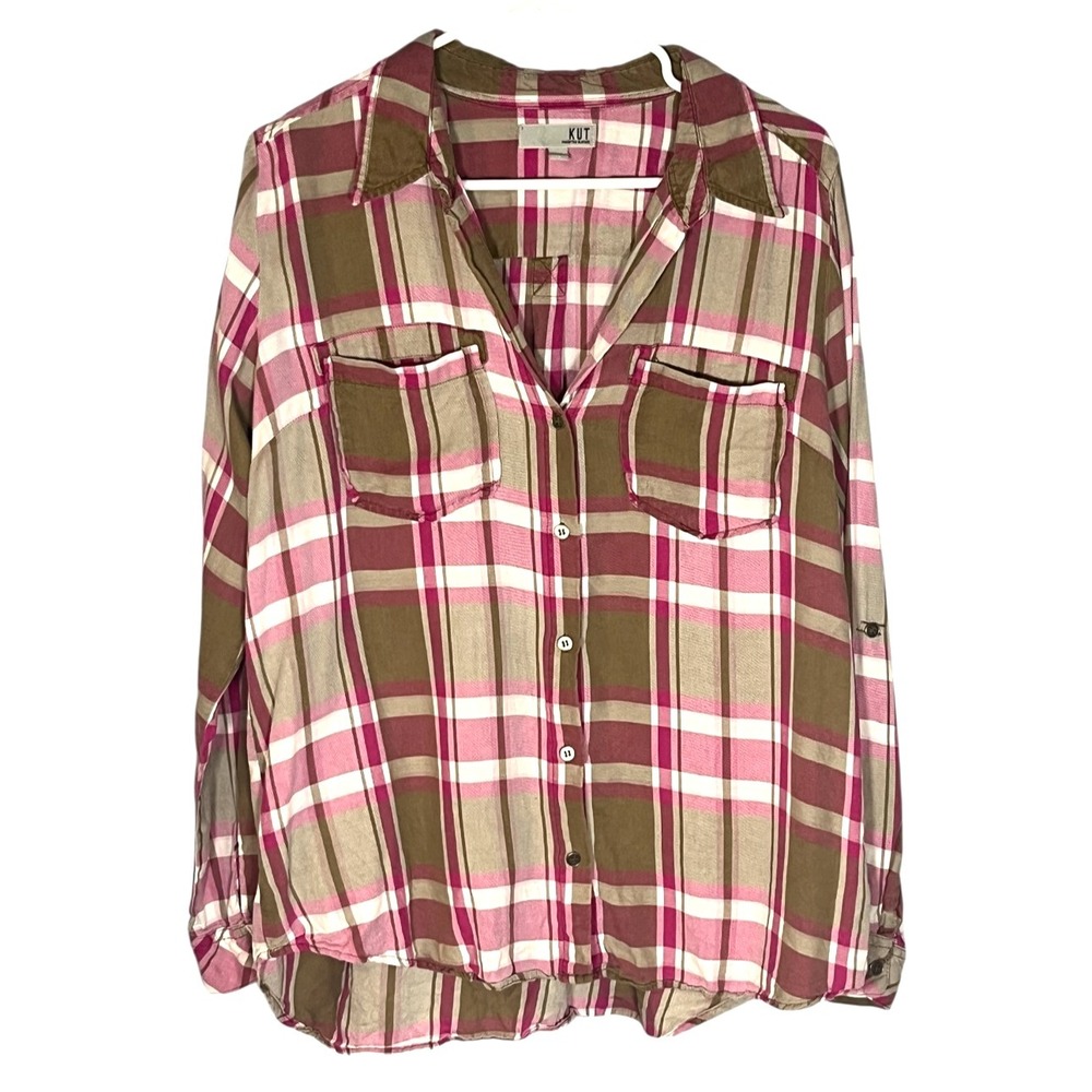 Kut from the Kloth Women's Long Sleeve Plaid Button‎ Up Shirt L Pink/Tan